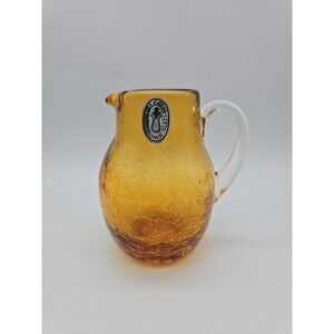 Vintage Pilgrim Amber Hand Blown Glass Crackle Glass Creamer Pitcher Foil Label